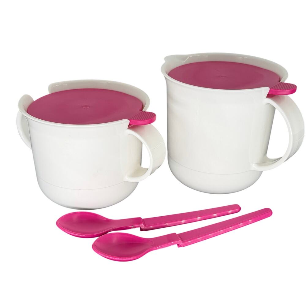 Tupperware Classic Sugar And Creamer Set White With Hot Pink Lids & Spoons VTG